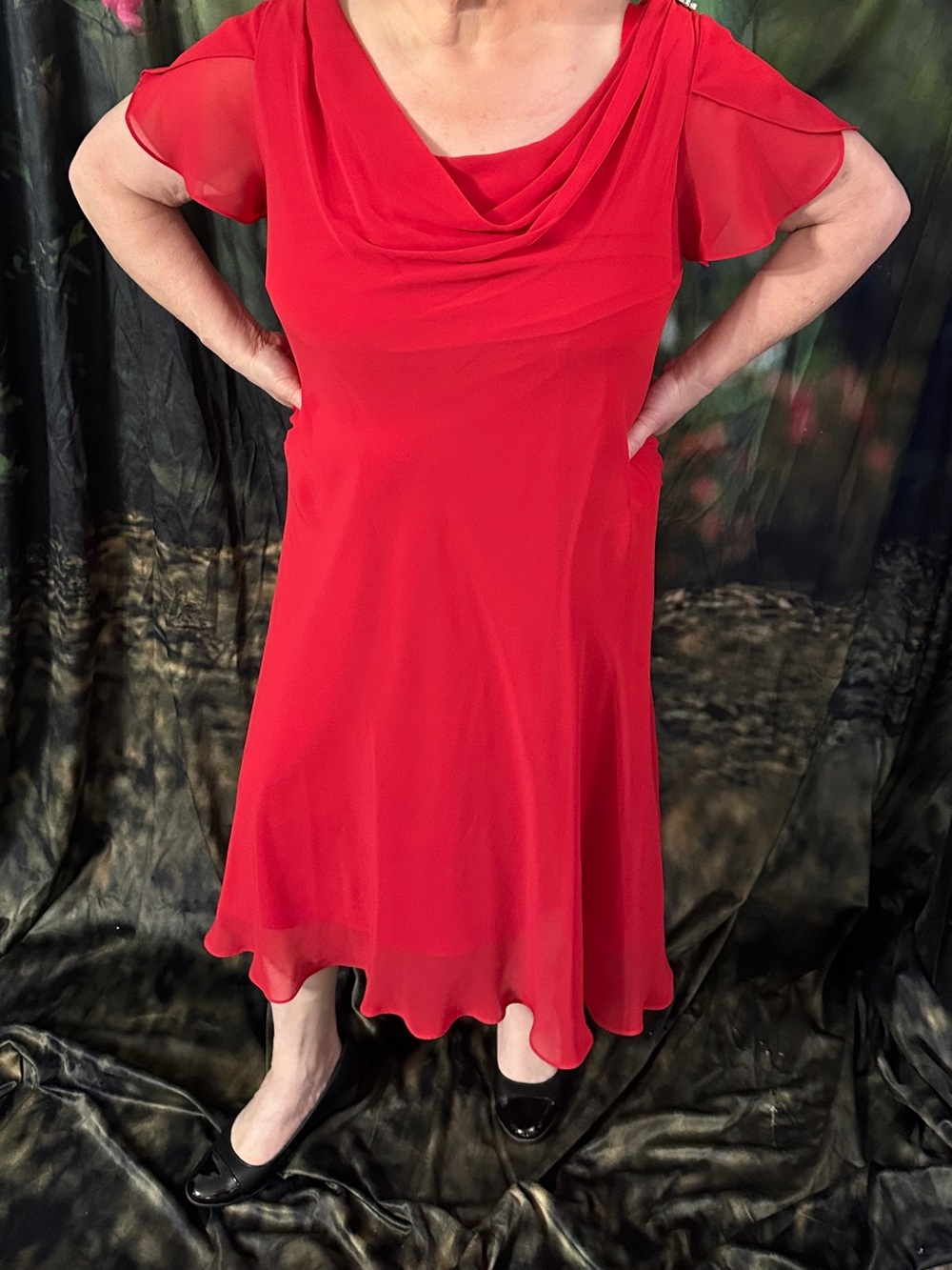 SL Fashion 16W Red Chiffon Cowl Neck, and rhinestone embellished Women's Dress - Picture 5 of 9